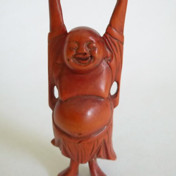 VINTAGE 4” HAND CARVED WOOD LAUGHING BUDDHA HOTEI BUDAI FIGURE (PRE-OWNED) - Picture 6 of 8